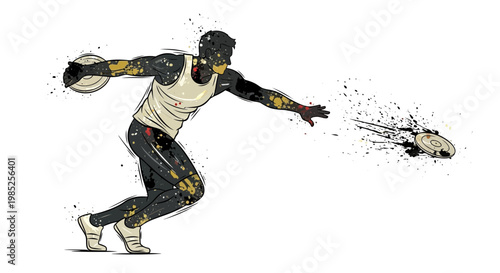 Athlete throwing discus, dynamic illustration with paint splatters