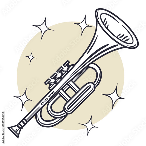 Vintage style trumpet drawing with star accents.