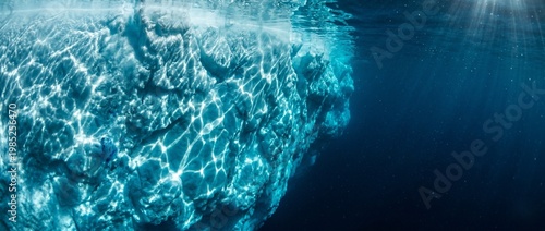 Underwater View of Arctic Ice Shelf in Deep Blue Ocean with Caustic Light Patterns