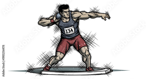 Athlete throwing shot put, dynamic illustration, athletic competition