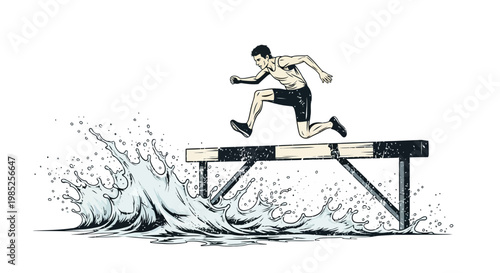 Man hurdling over obstacle in splashing water