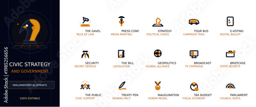 Civic Strategy and Government Vector Icon Set, Minimalist Outline UI Elements for Politics and Law
