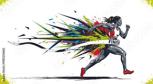 Runner breaking finish line with abstract colorful explosion