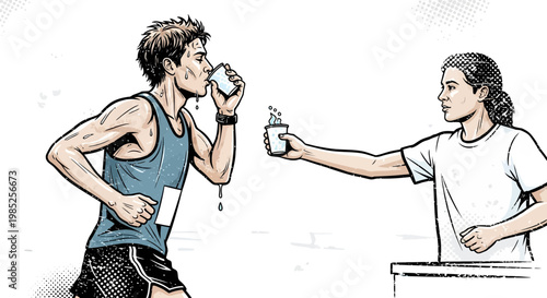 Runner drinks water from volunteer during race, hydration, endurance