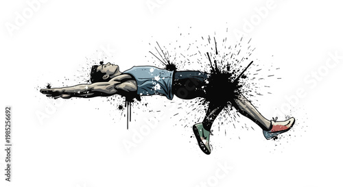 Runner splattered with black ink, dynamic motion, white background
