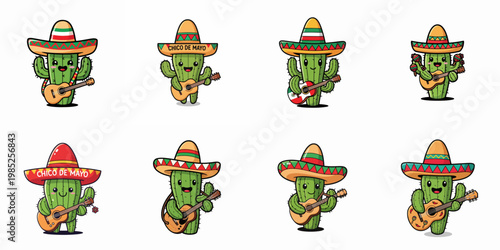 cartoon vector illustration set of cactus wearing hat and carrying guitar cinco de mayo white background