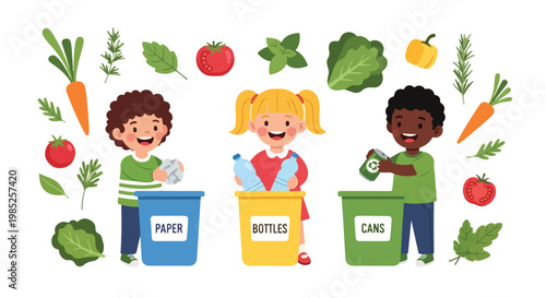 Three diverse children are happily recycling paper, bottles, and cans into colorful bins, surrounded by a variety of fresh vegetables.