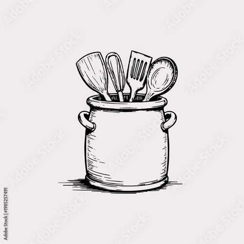 Photos Kitchen utensils in a ceramic crock line art illustration