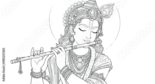 Illustration of a Hindu deity playing a flute with intricate jewelry and ornaments on a plain white background.