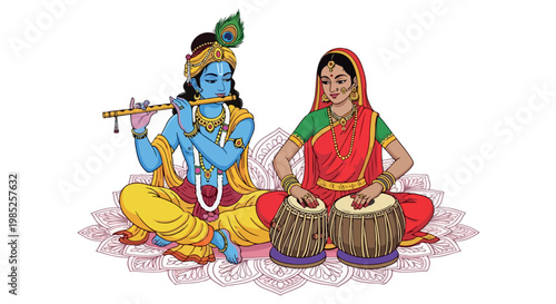 Illustration of Hindu deities Krishna and Radha playing musical instruments on a decorative mat with a white background.