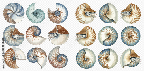 Watercolor illustration of various nautilus shells and cross-sections in different angles and colors.