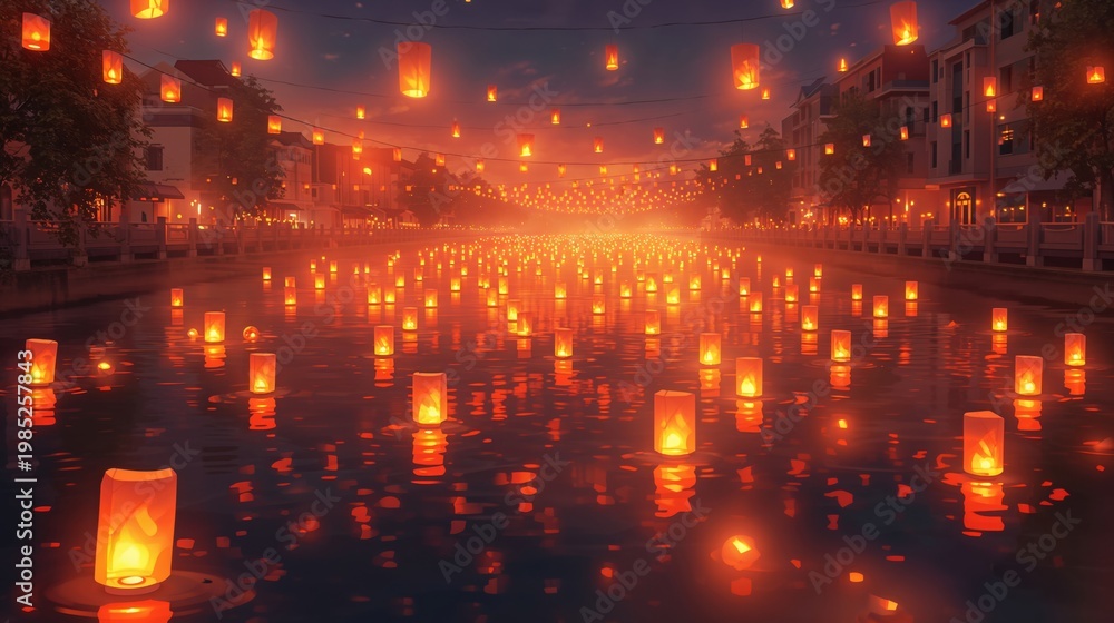 Fototapeta premium Floating lanterns illuminating evening water scene with buildings