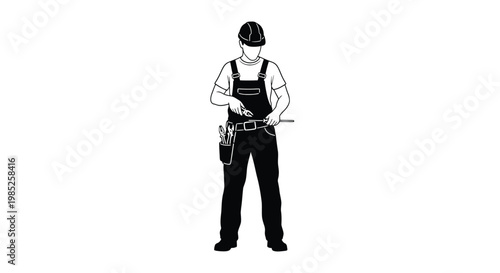 Vector illustration of a construction worker or handyman wearing a hard hat and overalls, holding tools and equipped with a tool belt, professional repairman character
