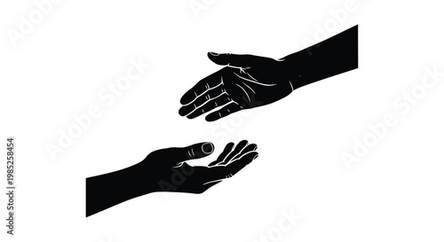 Two hands reaching towards each other, helping hand gesture, support and connection concept, black silhouette illustration