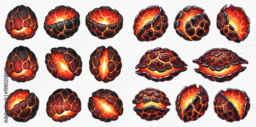Set of isolated lava rocks and fiery elements for game design and fantasy illustrations.