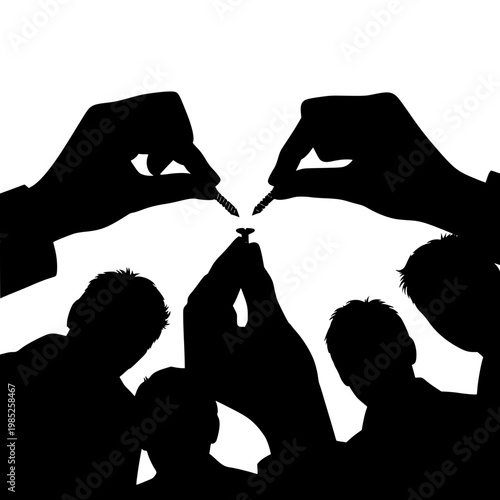 Conceptual Silhouette of People Under Pressure and Manipulation by Powerful Hands