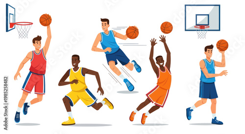 Basketball players in action, dribbling, jumping, and shooting on a white background