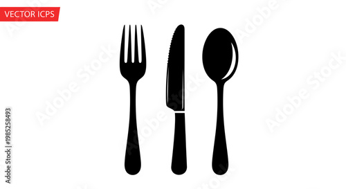Black Silhouette of Fork, Knife, and Spoon on White Background