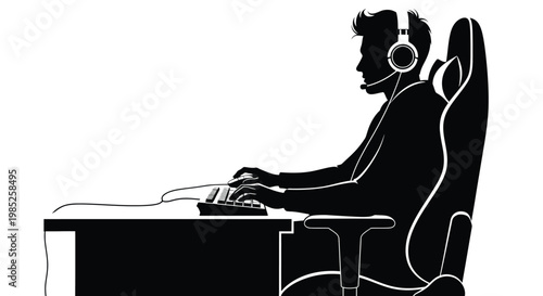 Silhouette of a gamer sitting in a gaming chair, wearing a headset and using a computer keyboard and mouse, professional esports player concept
