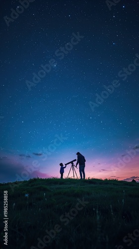 Man and child looking at the stars with a telescope at night