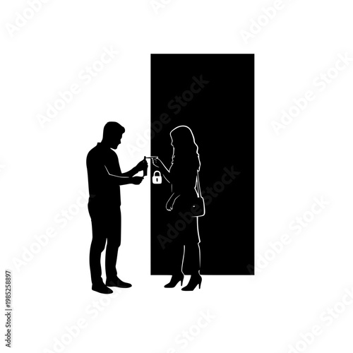 Silhouette of Couple Using Smart Phone for Digital Door Lock Access