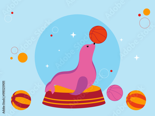 A circus seal or sea lion balancing a basketball on its nose. Circus illustrations. Flat vector concepts.