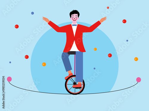 A circus performer balancing on a unicycle while performing on a tightrope. Circus illustrations. Flat vector concepts.