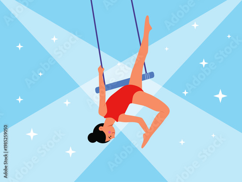 A woman performing acrobatics on a trapeze. Circus illustrations. Flat vector concepts.