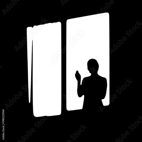 Minimalist silhouette of a person standing at a window in high contrast