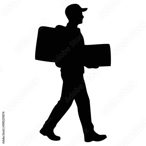 SILHOUETTE OF PACKAGE COURIER WITH WHITE BACKGROUND
