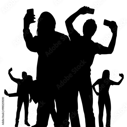 silhouette of diverse people taking selfies with smartphones