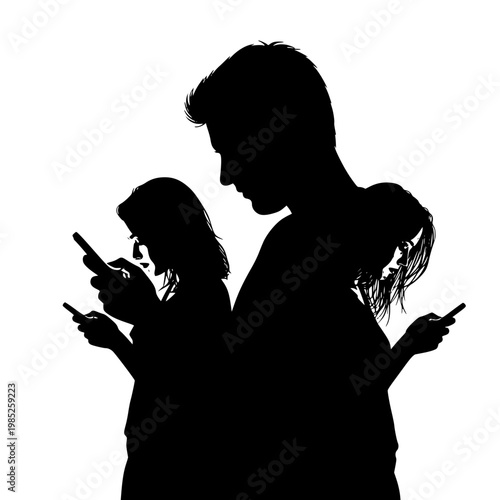 Silhouette of People Using Smartphones Illustrating Digital Addiction and Social Disconnection
