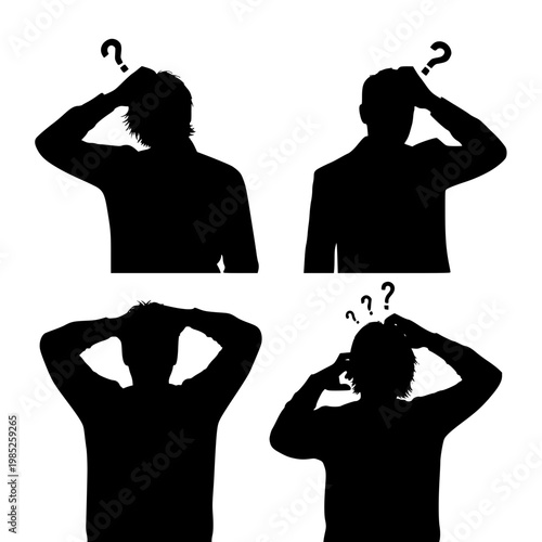 Silhouettes of Confused Men Thinking with Question Marks over Heads
