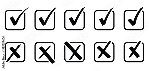 Check tick and cross mark icon set. Vector hand drawn sketch doodle brush marker checklist symbol wrong and right in box. Vector Eps10.