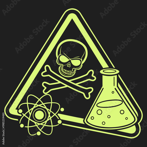 Neon poison skull sign with flask and atom symbol.