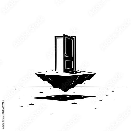 Surreal black and white illustration of a floating island with an open door
