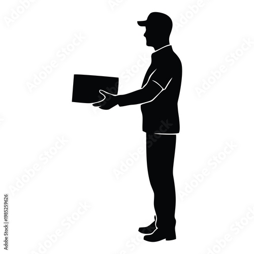 SILHOUETTE OF PACKAGE COURIER WITH WHITE BACKGROUND