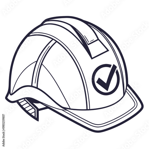 Industrial hard hat with checkmark line art icon.
