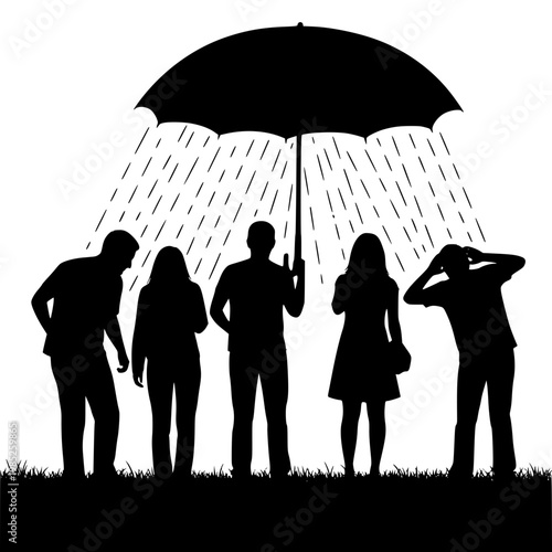 Silhouette of a Group Under an Ironic Leaking Umbrella in Rain