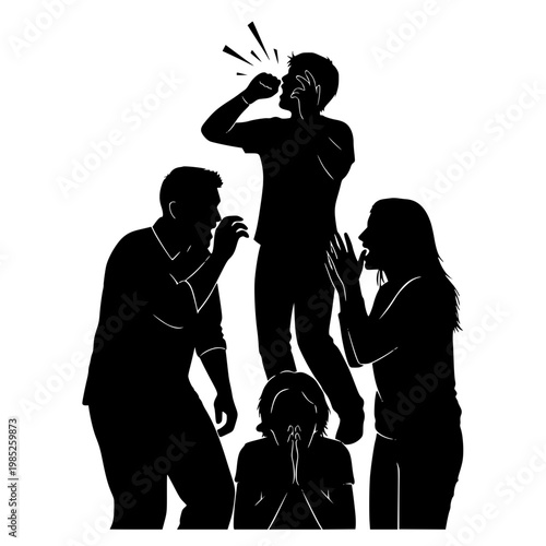 Silhouette of a Family Arguing and Shouting with a Child Covering Ears
