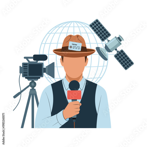 Journalist Reporter with Microphone and Satellite Global News Concept