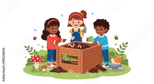Happy children learn about eco-friendly composting in a garden filled with worms, mushrooms, and colorful insects in this cute vector illustration.