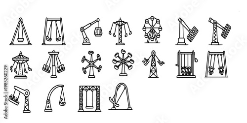 icon sheet collection of amusement park thrill rides including ferris wheels, pendulum swings, and giant drops for carnival and fairground entertainment.