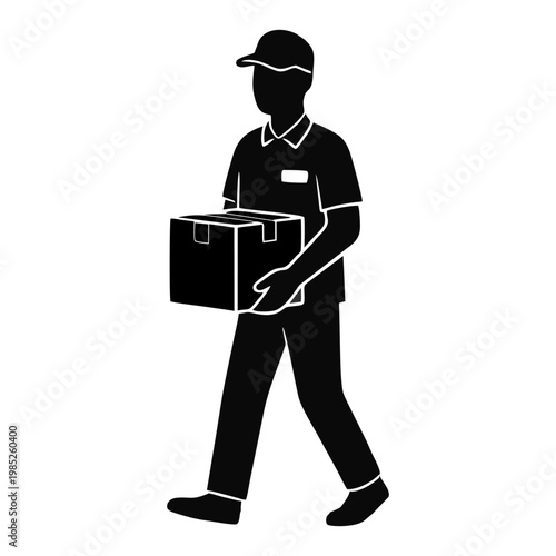 SILHOUETTE OF PACKAGE COURIER WITH WHITE BACKGROUND