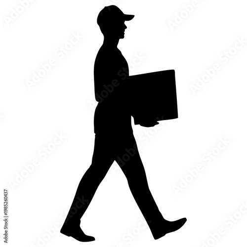 SILHOUETTE OF PACKAGE COURIER WITH WHITE BACKGROUND