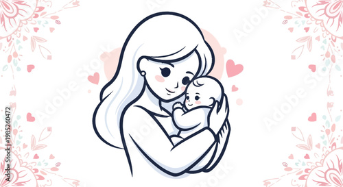 Adorable mother and baby line art cartoon graphic with soft pink hearts