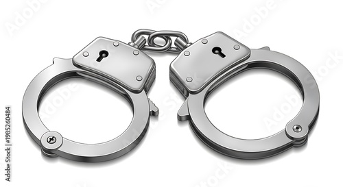 Shiny Metal Handcuffs Resting on White Background