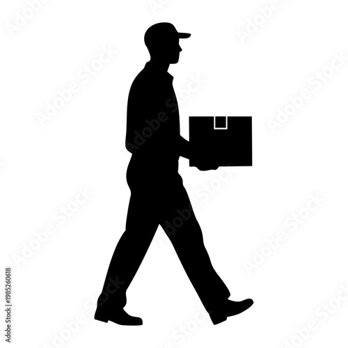 SILHOUETTE OF PACKAGE COURIER WITH WHITE BACKGROUND