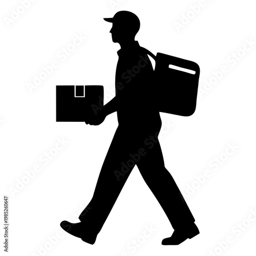 SILHOUETTE OF PACKAGE COURIER WITH WHITE BACKGROUND