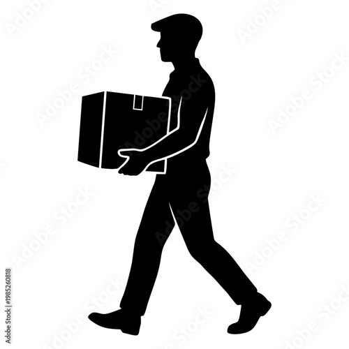 SILHOUETTE OF PACKAGE COURIER WITH WHITE BACKGROUND